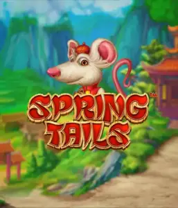 A whimsical illustration of a mouse dressed in traditional Chinese attire positioned in front of a picturesque landscape with mountains. The image promotes the Spring Tails Slot by Betsoft, highlighted with striking red and gold logo text.