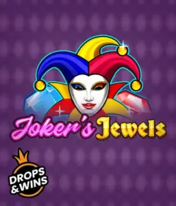 Discover the colorful ambiance of the Joker's Jewels game by Pragmatic Play, showcasing a charming joker's mask decorated with a vivid jester hat. This graphic captures the joyful spirit of casino gaming, set against a deep purple background. Perfect for casino game enthusiasts, offering a entertaining gaming experience. 